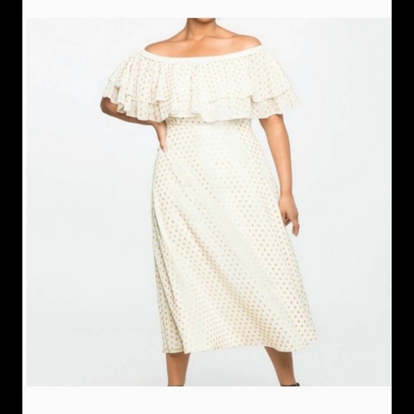 Elloquii White/ Gold Off The Shoulder Dress - Picture 1 of 8